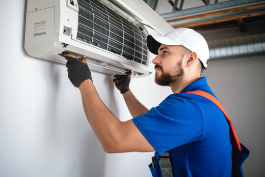 Air conditioning technician servicing a wall-mounted AC unit in Thornton, CO