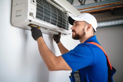 Air conditioning technician servicing a wall-mounted AC unit in Thornton, CO