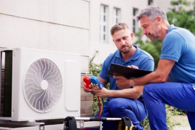 HVAC technicians reviewing an outdoor air conditioning unit in Thornton, CO